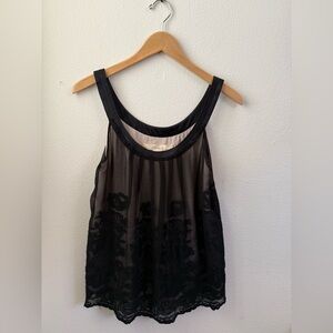 Hanii Y 100% Silk Blouse Tank‎ Top Women’s Sheer Embroidered Floral Black Large